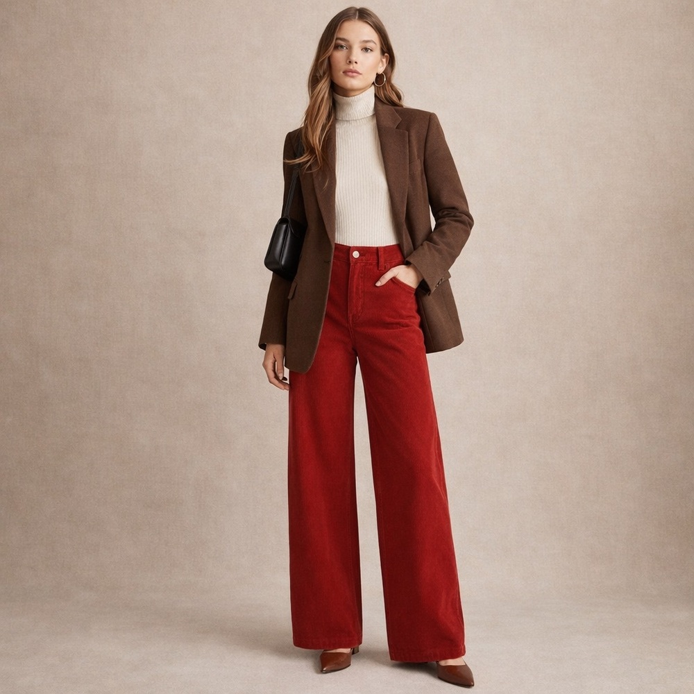 REFORMATION Wide Leg Corduroy Pants High Rise Red - Picture 4 of 13